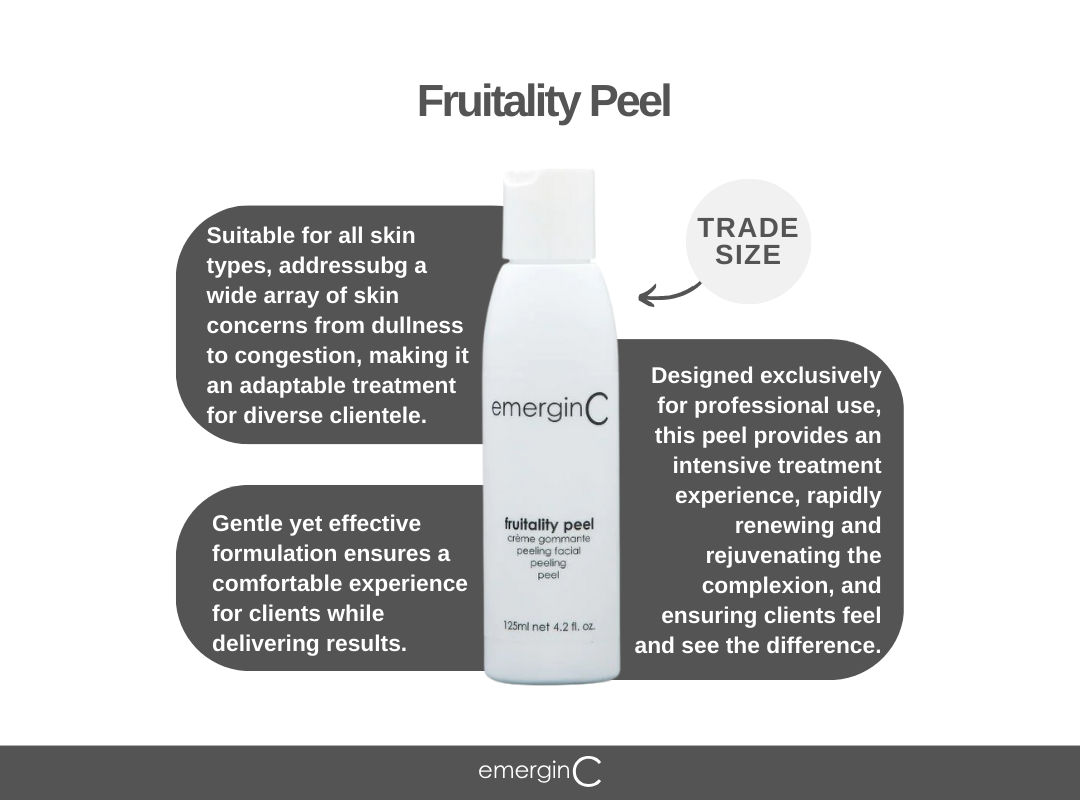EmerginC TRADE Fruitality Peel 125 mL overall product description and benefits, on Spa Circle Brands product listing page.