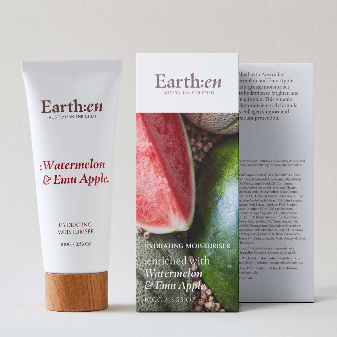 A tube and packaging box of Earthen Hydrating moisturiser, Watermelon & Emu Apple 100g on Spa Circle Brands product listing page.
