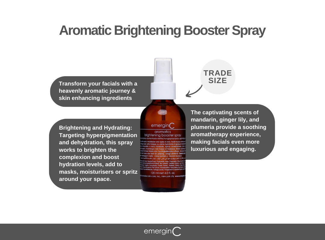 EmerginC TRADE Aromatic Brightening Booster Spray 120 mL overall product description and benefits, on Spa Circle Brands product listing page.