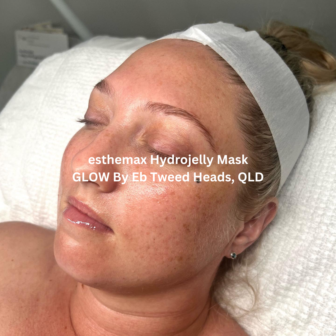 Side-profile image following a facial treatment using an esthemax® Hydrojelly® Mask at GLOW By Eb in Tweed Heads, Queensland. The skin appears luminous, deeply hydrated, and visibly refreshed with a smooth, radiant finish.