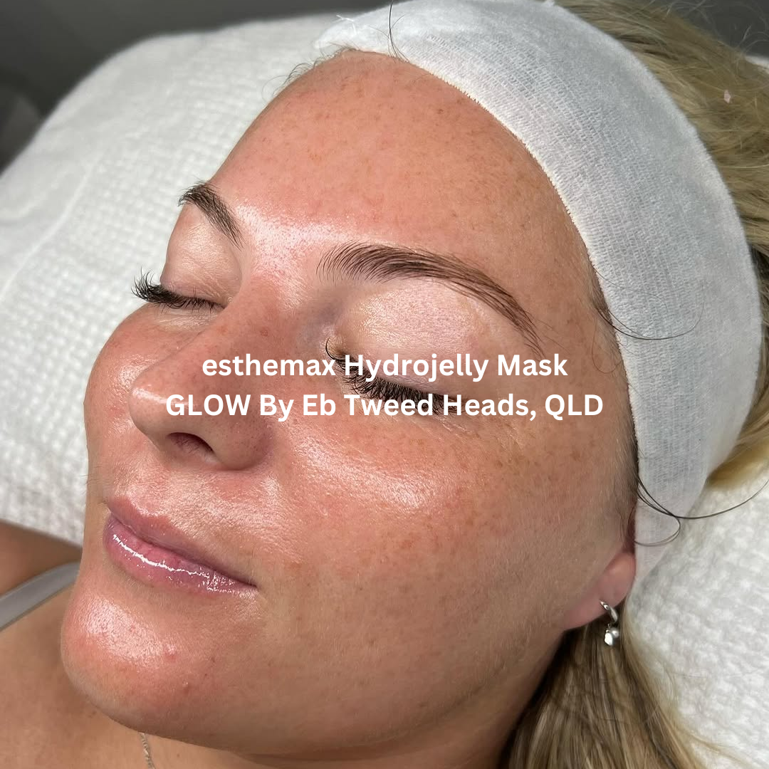 Side-profile image following a facial treatment using an esthemax® Hydrojelly® Mask at GLOW By Eb in Tweed Heads, Queensland. The skin appears luminous, deeply hydrated, and visibly refreshed with a smooth, radiant finish.