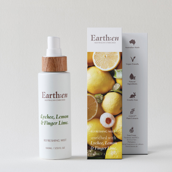 A tube and packaging box of Earthen Refreshing Mist, Lychee, Lemon & Finger Lime 100ml  on Spa Circle Brands product listing page.