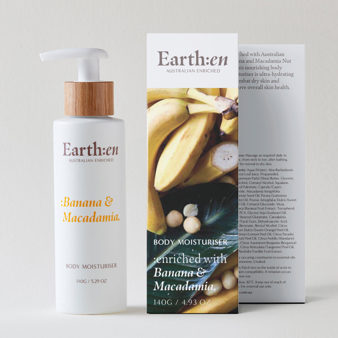 A tube and packaging box of Earthen Balancing moisturiser, Banana & Macadamia 140g on Spa Circle Brands product listing page.