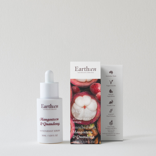 Earthen Antioxidant Serum, Mangosteen & Quandong 30ml bottle and box packaging on a white background uploaded on Spa Circle Brands product listing page.