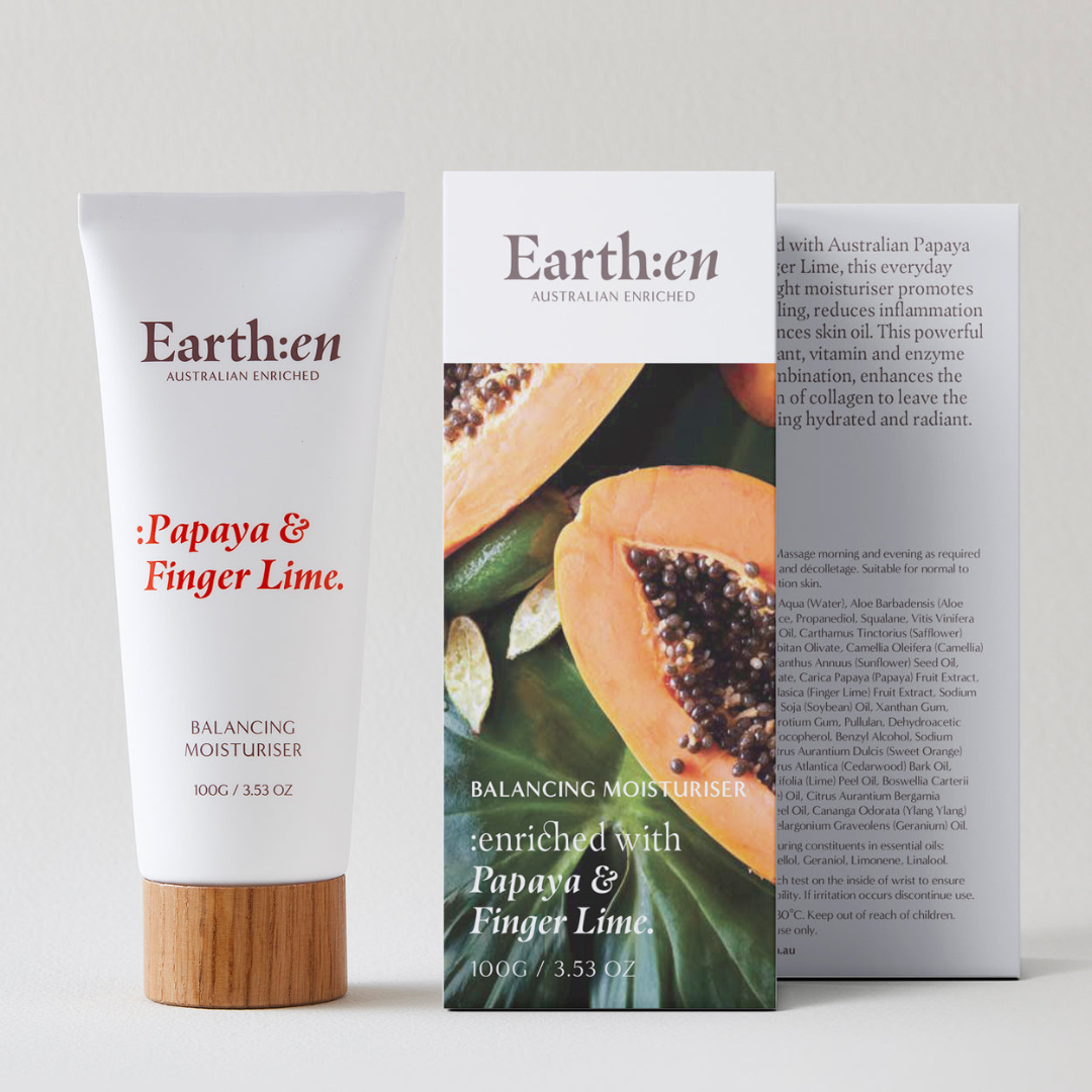 A tube and packaging box of Earthen Balancing moisturiser, Papaya & Finger Lime 100g on Spa Circle Brands product listing page.
