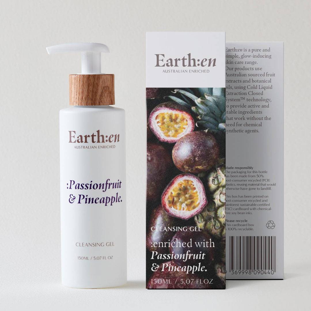 A tube and packaging box of Earthen Cleansing Gel, Passionfruit & Pineapple 150ml on Spa Circle Brands product listing page.