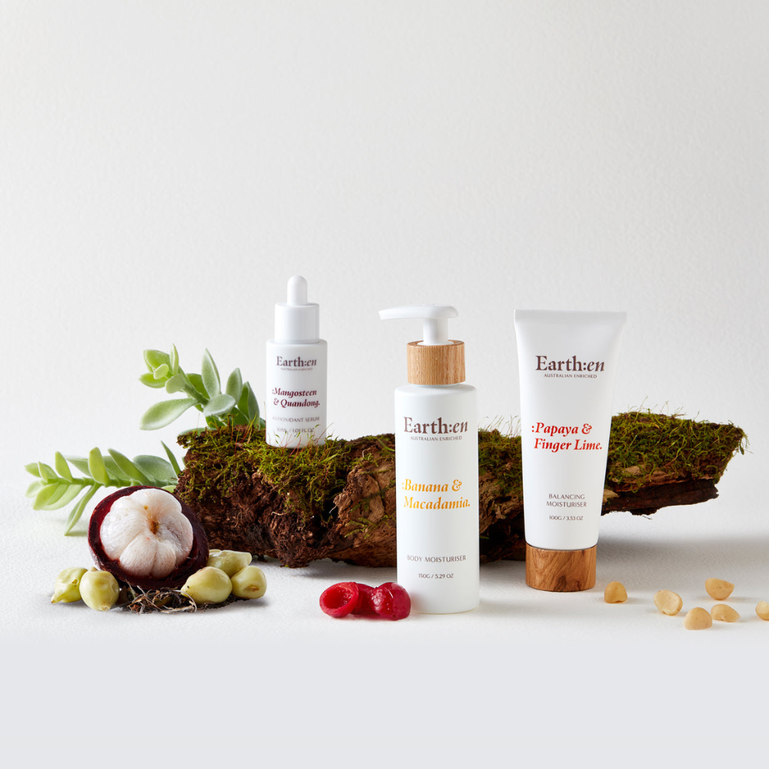 Earthen Tropical Trio Set:  Antioxidant Serum, Body Moisturiser, Balancing Moisturiser on Spa Circle Brands product listing page.