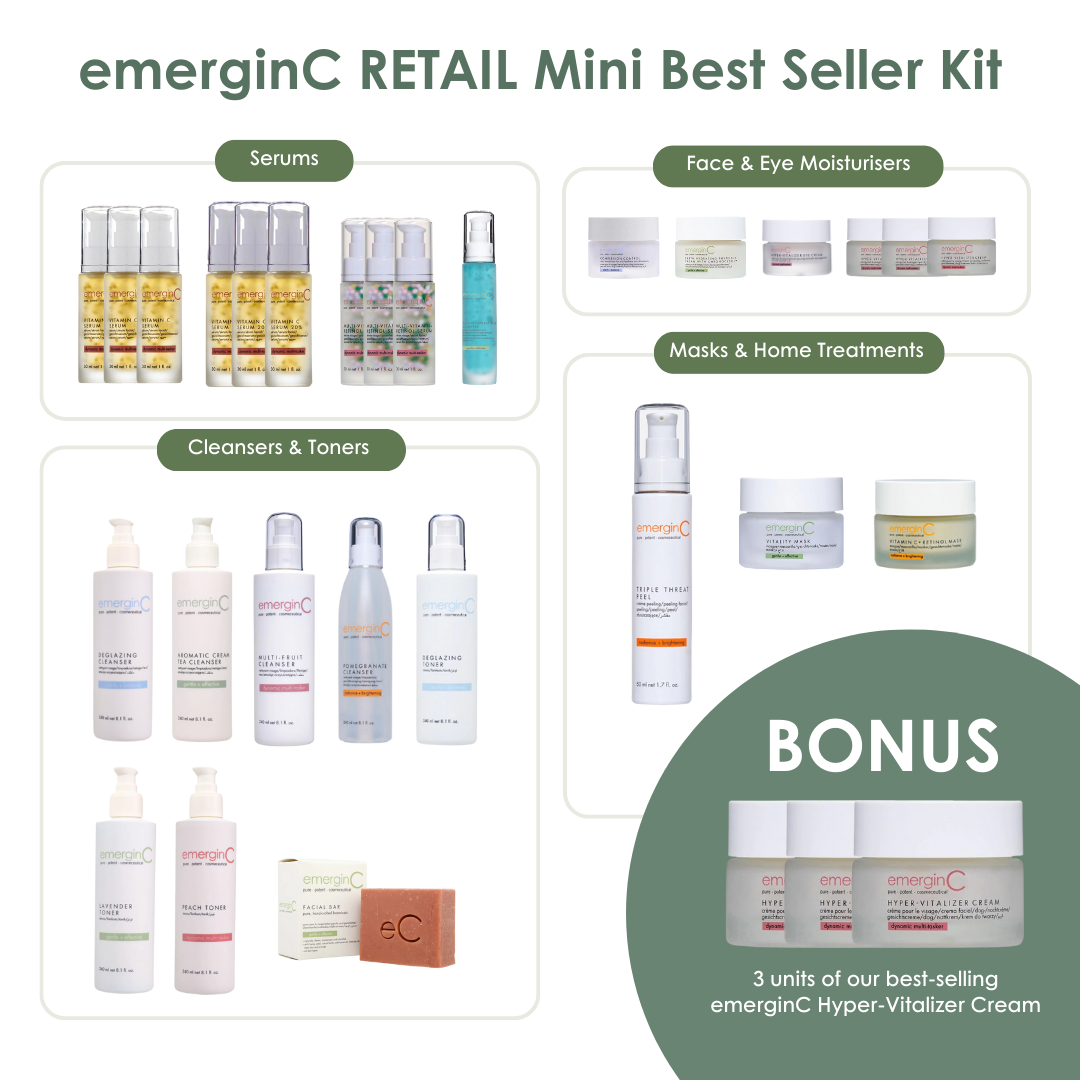 emerginC RETAIL Mini Best Seller Kit skincare product inclusions on a white background, on Spa Circle Brands product listing page.