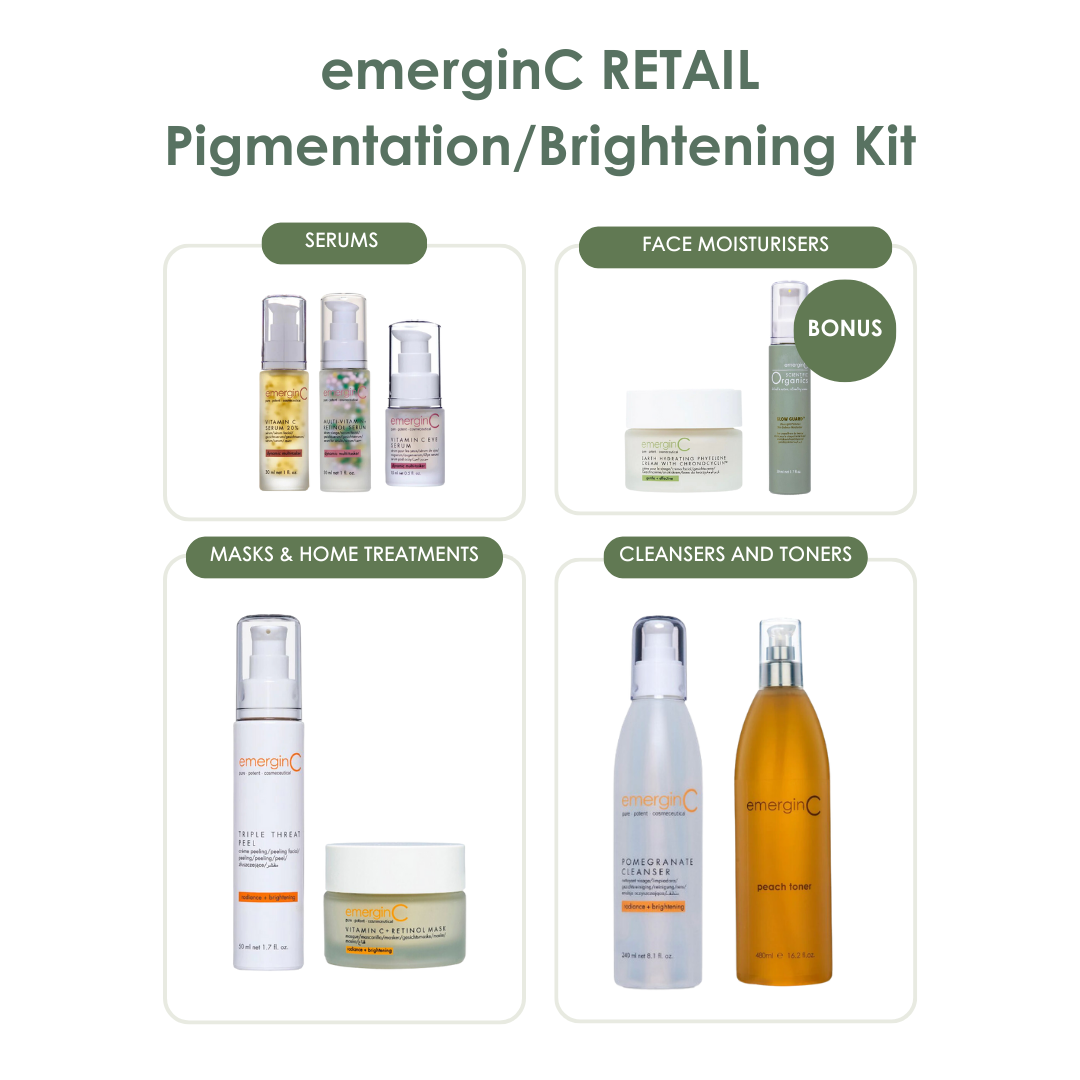 emerginC RETAIL Pigmentation/Brightening Kit skincare product inclusions on a white background, on Spa Circle Brands product listing page.