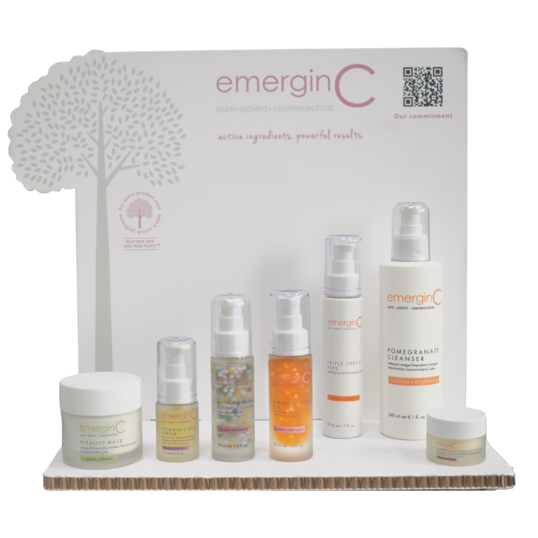 emerginC Signature Range Display Stand with different skincare products, on Spa Circle Brands product listing page.