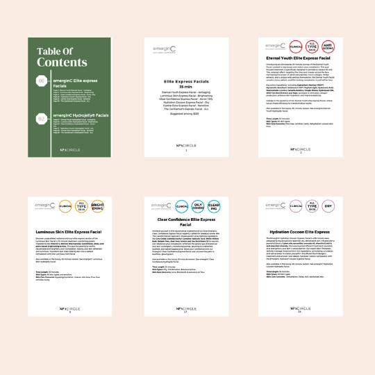 Pages from emerginC Signature Range Elite Express & Hydrojelly Facial Protocols Digital Download, on Spa Circle Brands product listing page.