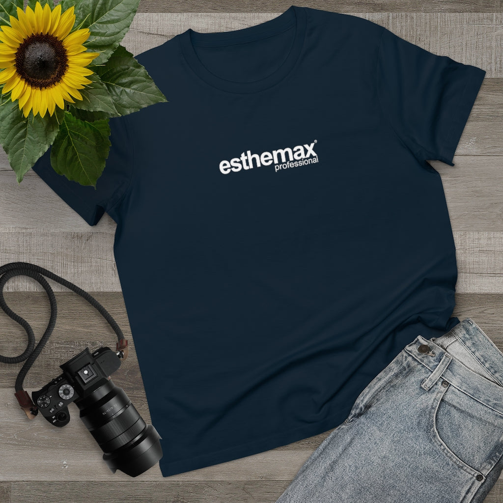 A black t-shirt with a white Esthemax logo on it, uploaded on Spa Circle Brands product listing page.