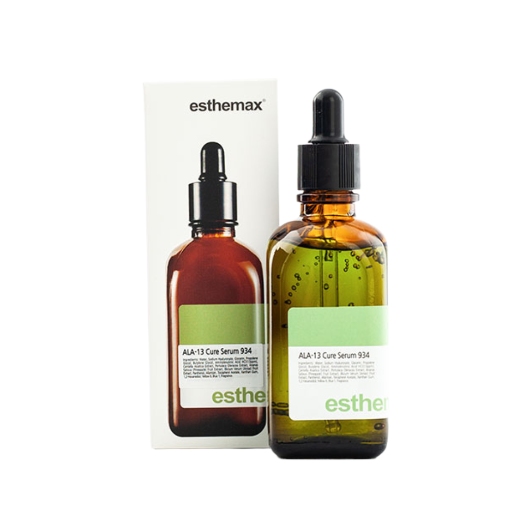 Esthemax ALA-13 Cure Serum 100ml dropper bottle and box packaging on a white background uploaded on Spa Circle Brands product listing page.