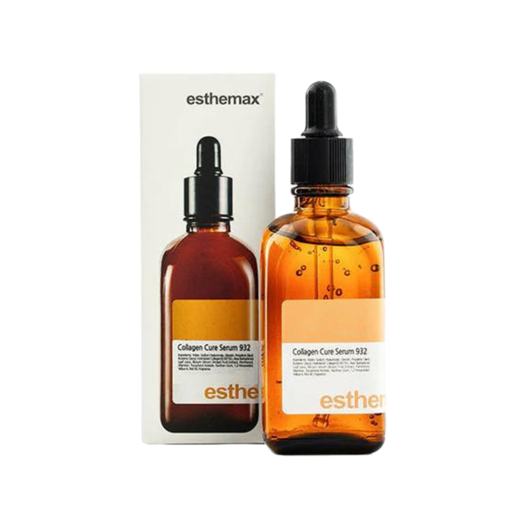 Esthemax Collagen Cure Serum 100ml dropper bottle and box packaging on a white background uploaded on Spa Circle Brands product listing page.