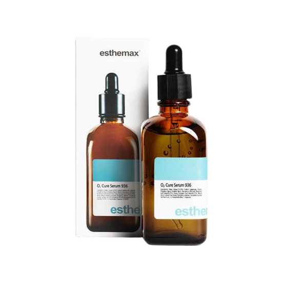Esthemax Oxygen Cure Serum 100ml dropper bottle and box packaging on a white background uploaded on Spa Circle Brands product listing page.