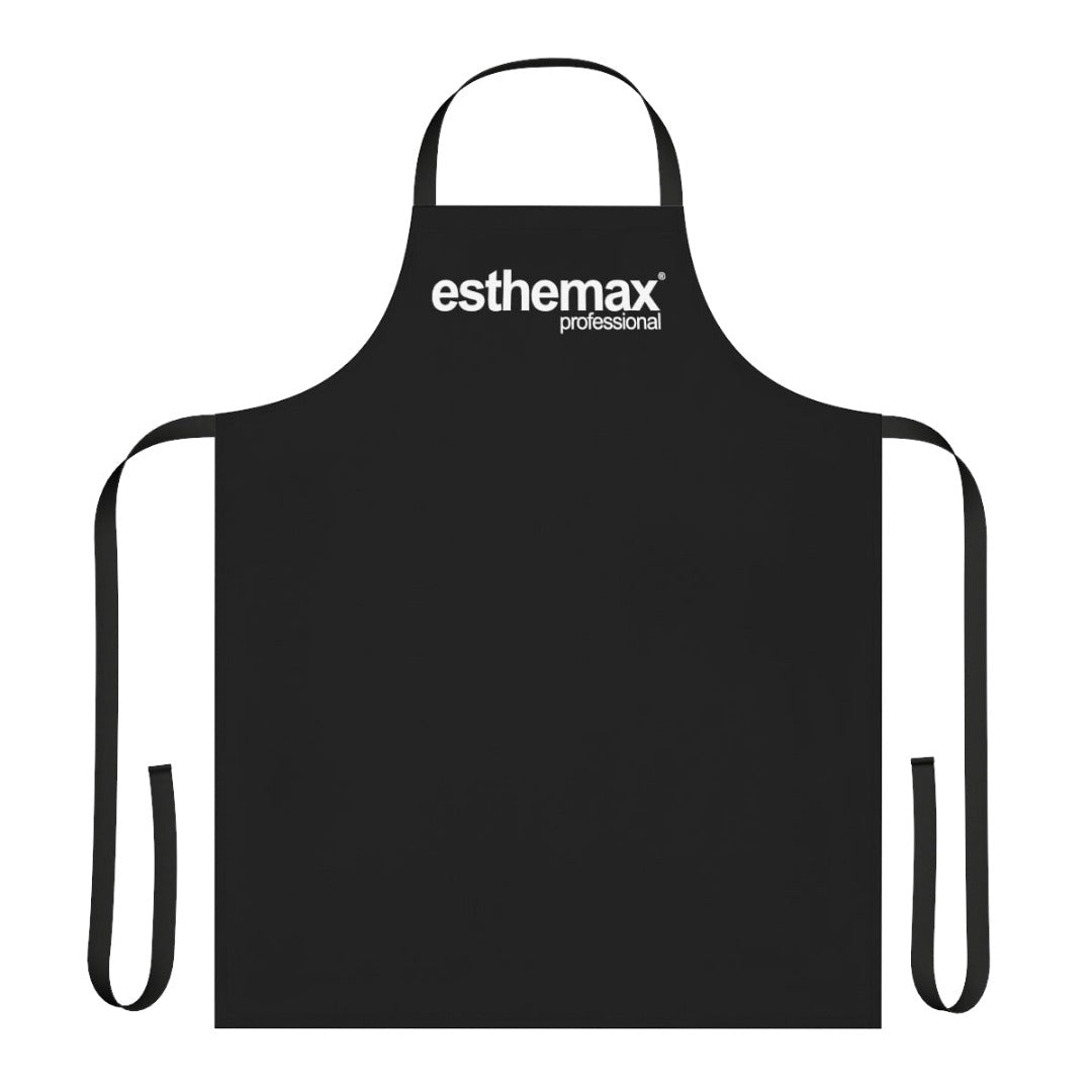A black coloured 100% polyester canvas Esthemax Clinic Apron on a white background, on Spa Circle Brands product listing page.