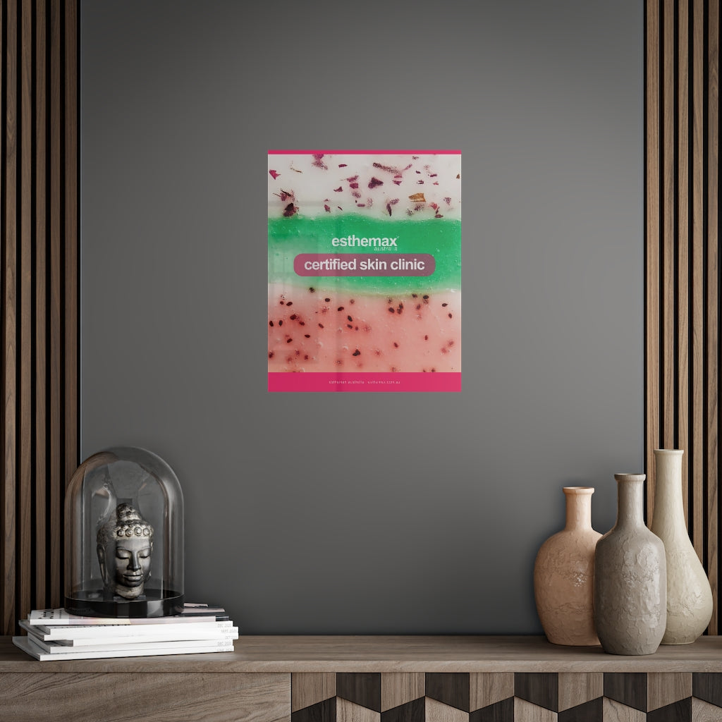    A 16" by 20" (Vertical) Esthemax Clinic Poster "Certified Skin Clinic" on a gray background wall, on Spa Circle Brands product listing page.