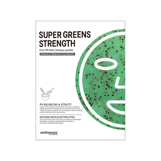A retail size of Esthemax Hydrojelly Mask - Super Greens Strength on a white background, on Spa Circle Brands product listing page.
