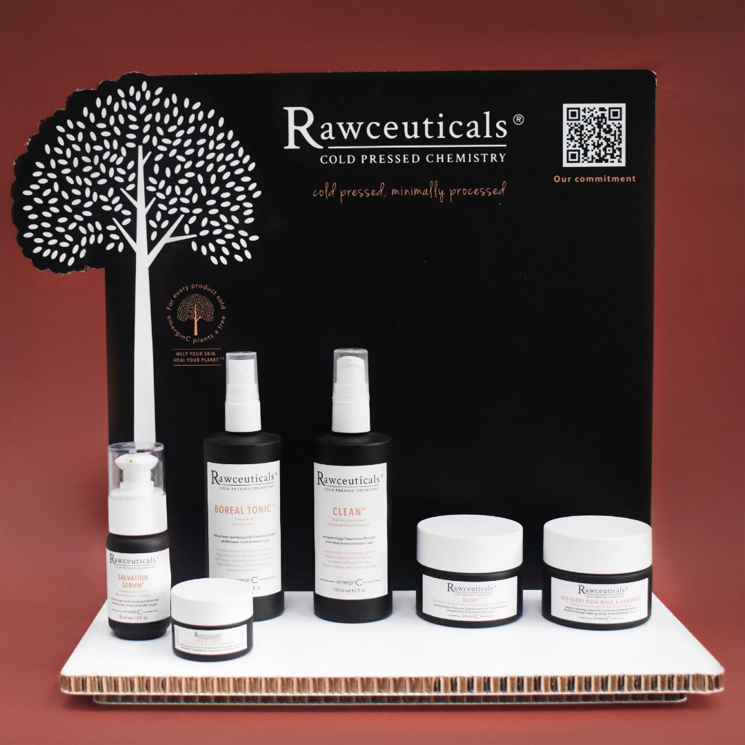 Rawceuticals Display Stand with different skincare products for illustrations only, on Spa Circle Brands product listing page.