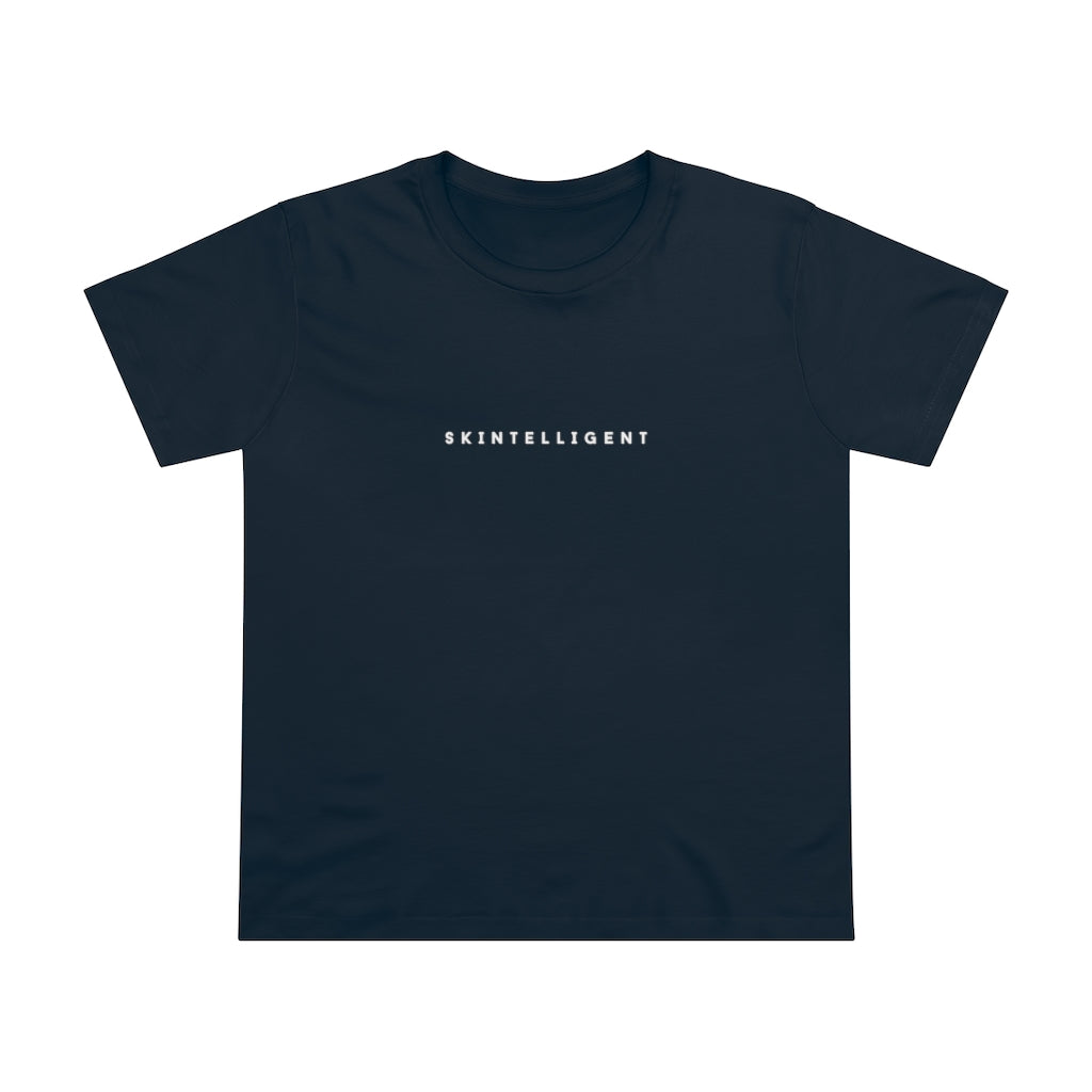 A navy t-shirt with a skintelligent design on it, on Spa Circle Brands product listing page.