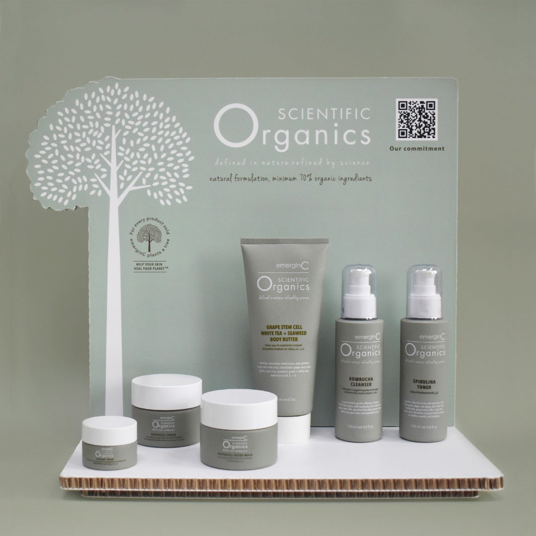 Scientific Organics Display Stand with different skincare products that is for visual purposes only, on Spa Circle Brands product listing page.