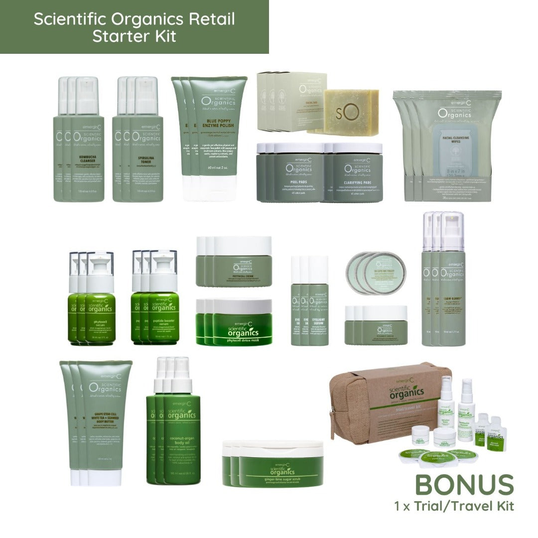 Scientific Organics Retail Starter Kit skincare product inclusions with free Trial/Travel Kit on a white background, on Spa Circle Brands product listing page.