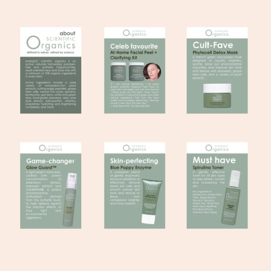 Pages from Scientific Organics Shelf Talkers Digital Download, on Spa Circle Brands product listing page.