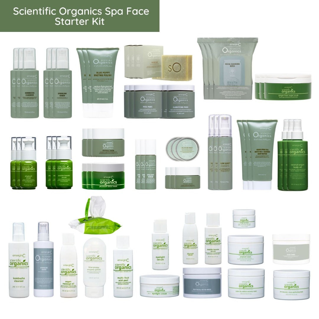 Scientific Organics Spa Face Starter Kit skincare product inclusions on a white background, on Spa Circle Brands product listing page.