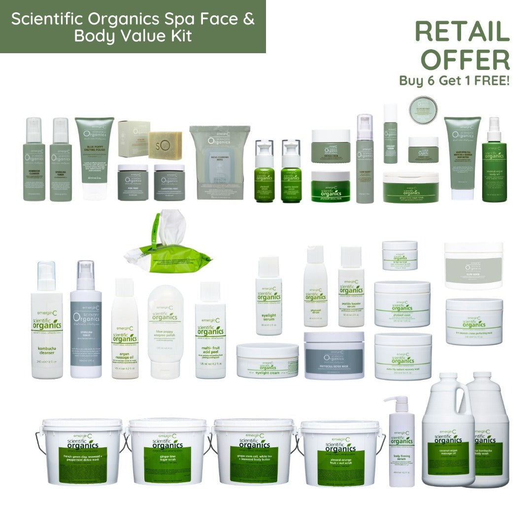 Scientific Organics Spa Face & Body Value Kit skincare product inclusions with buy 6 get 1 free retail offer on a white background, on Spa Circle Brands product listing page.