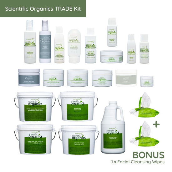 Scientific Organics TRADE Kit skincare product inclusions with free facial cleansing wipes on a white background, on Spa Circle Brands product listing page.