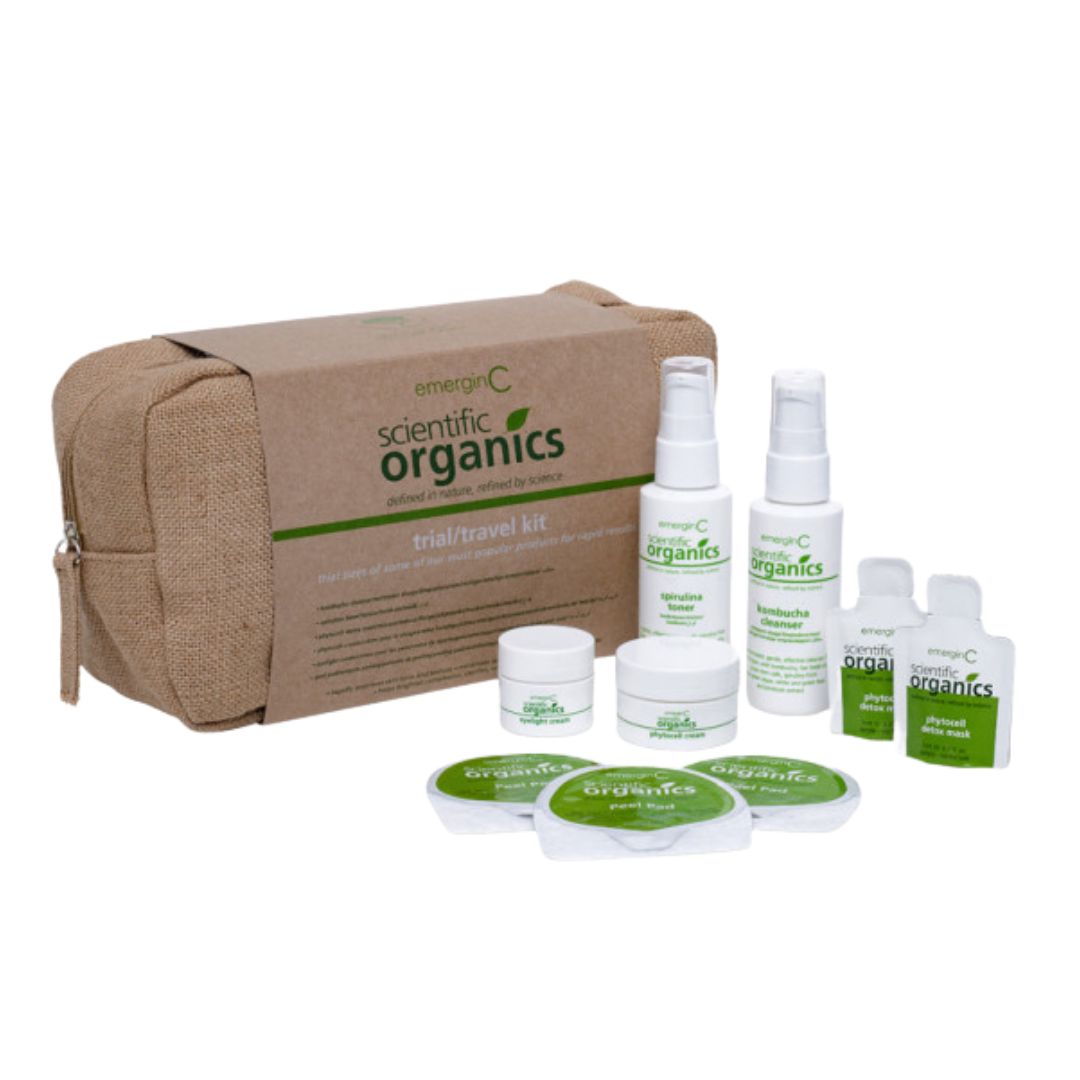 Scientific Organics Trial/Travel Kit bag with top-selling product inclusions on a white background, on Spa Circle Brands product listing page.