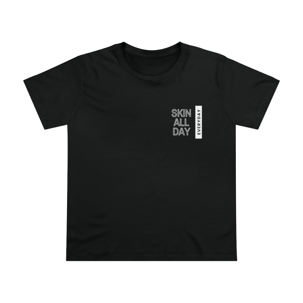 A black t-shirt with a Skin All Day Everyday  logo on it, uploaded on Spa Circle Brands product listing page.