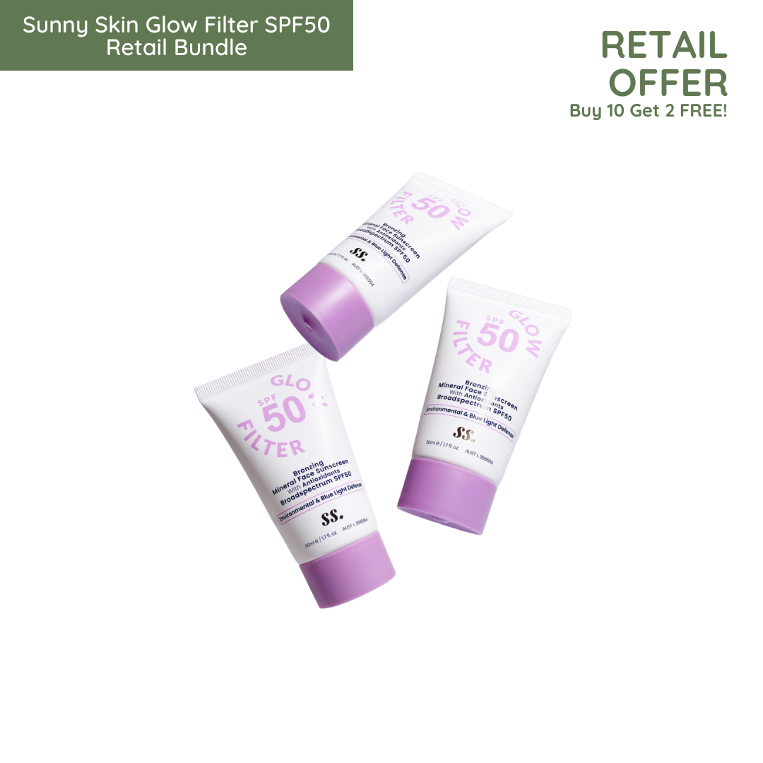 Three tubes of Sunny Skin Glow Filter SPF50 on white background uploaded on Spa Circle Brands product listing page.