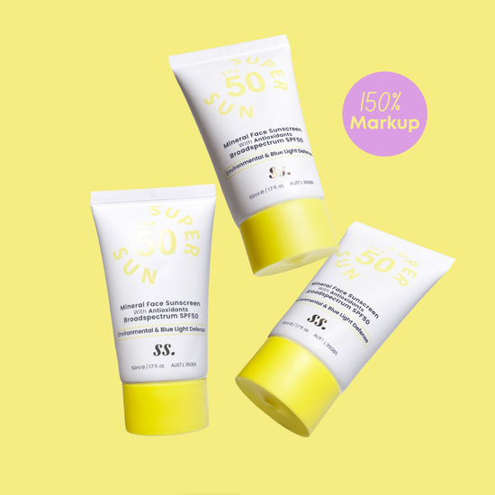 Three tubes of Sunny Skin Super Sun SPF50 on a yellow background uploaded on Spa Circle Brands product listing page.