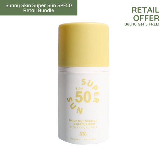 A bottle of Sunny Skin Mini Super Sun SPF50 on a white background, uploaded on Spa Circle Brands product listing page. 