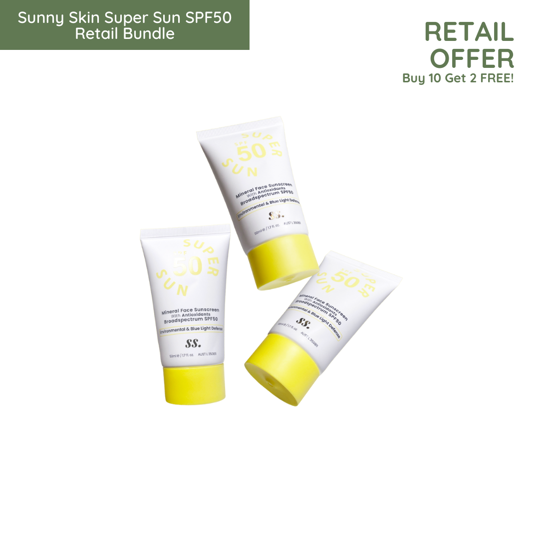 Three tubes of Sunny Skin  Super Sun on white background uploaded on Spa Circle Brands product listing page.