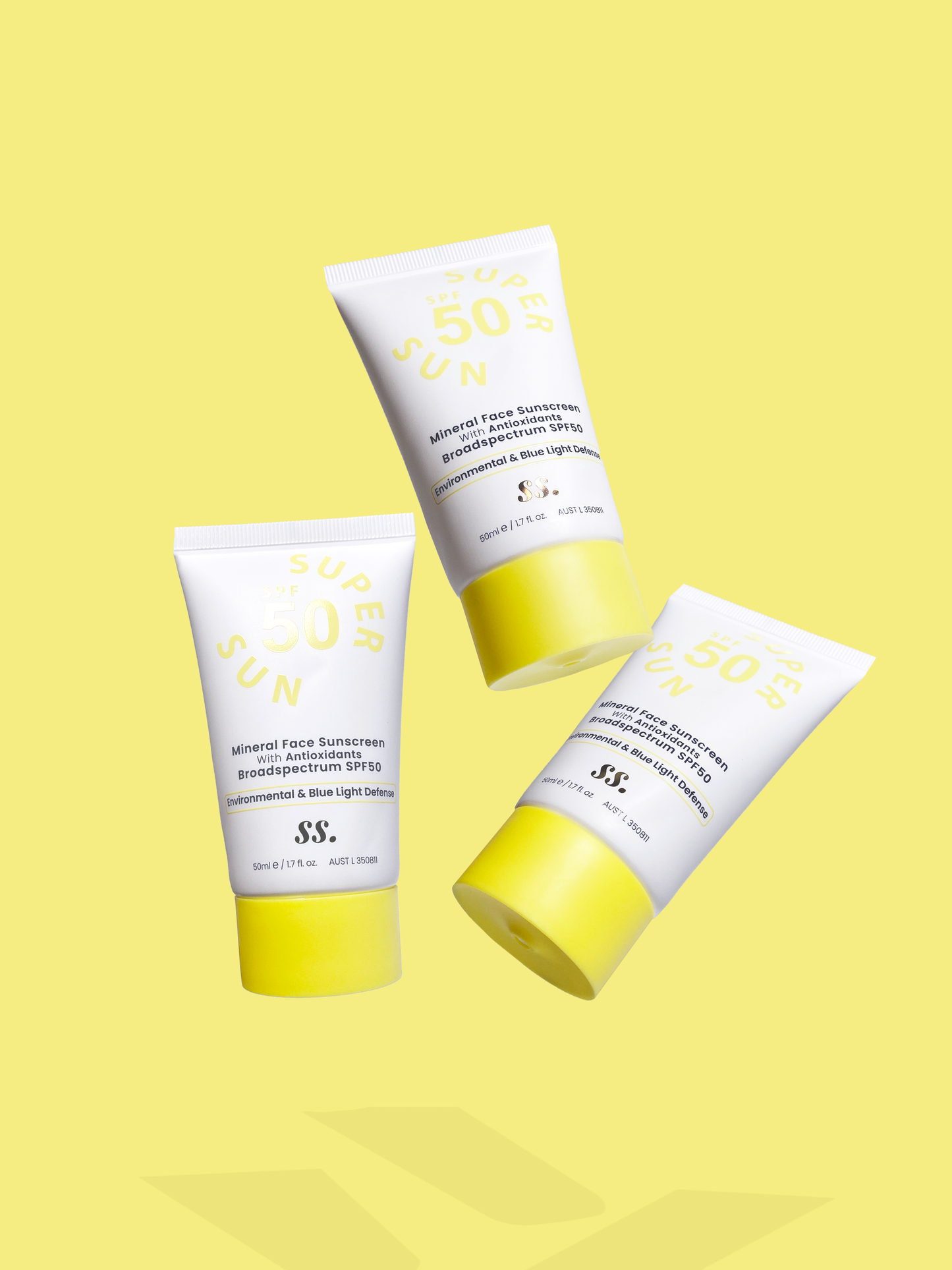 Three tubes of Sunny Skin  Super Sun on yellow background uploaded on Spa Circle Brands product listing page.