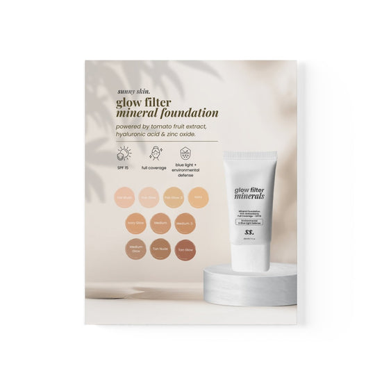    A 16" by 20" (Vertical) Sunny Skin® Salon Poster "Glow Filter Minerals" on a white background, on Spa Circle Brands product listing page.