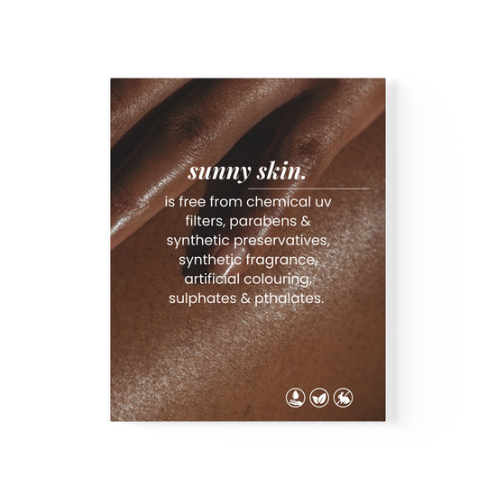    A 16" by 20" (Vertical) Sunny Skin® Salon Poster "free from" on a white background, on Spa Circle Brands product listing page.