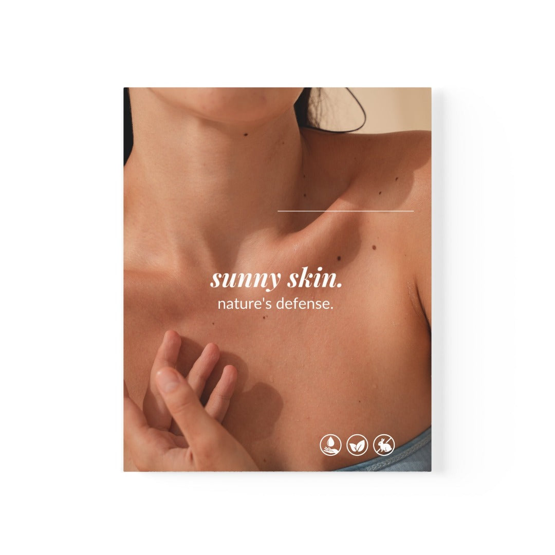A woman's collarbone adorned with the phrases "Sunny Skin" "Nature's Defense" set against a white background. This poster is from Spa Circle Brands' product listing page.