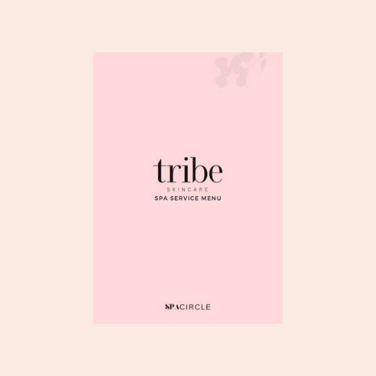 Spa Service Menu Flyer: Tribe Skincare Poster on Beige Background, showcased on Spa Circle Brands' product listing.