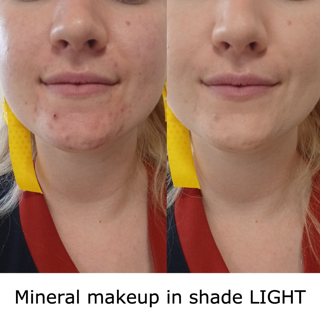 Woman's Before and After photos with Tribe Mineral Makeup Powder LIGHT, showcased on Spa Circle Brands' product listing.