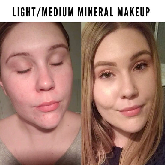 Woman's Before and After photos wearing Tribe Mineral Makeup Powder LIGHT/MEDIUM on, showcased on Spa Circle Brands' product listing.