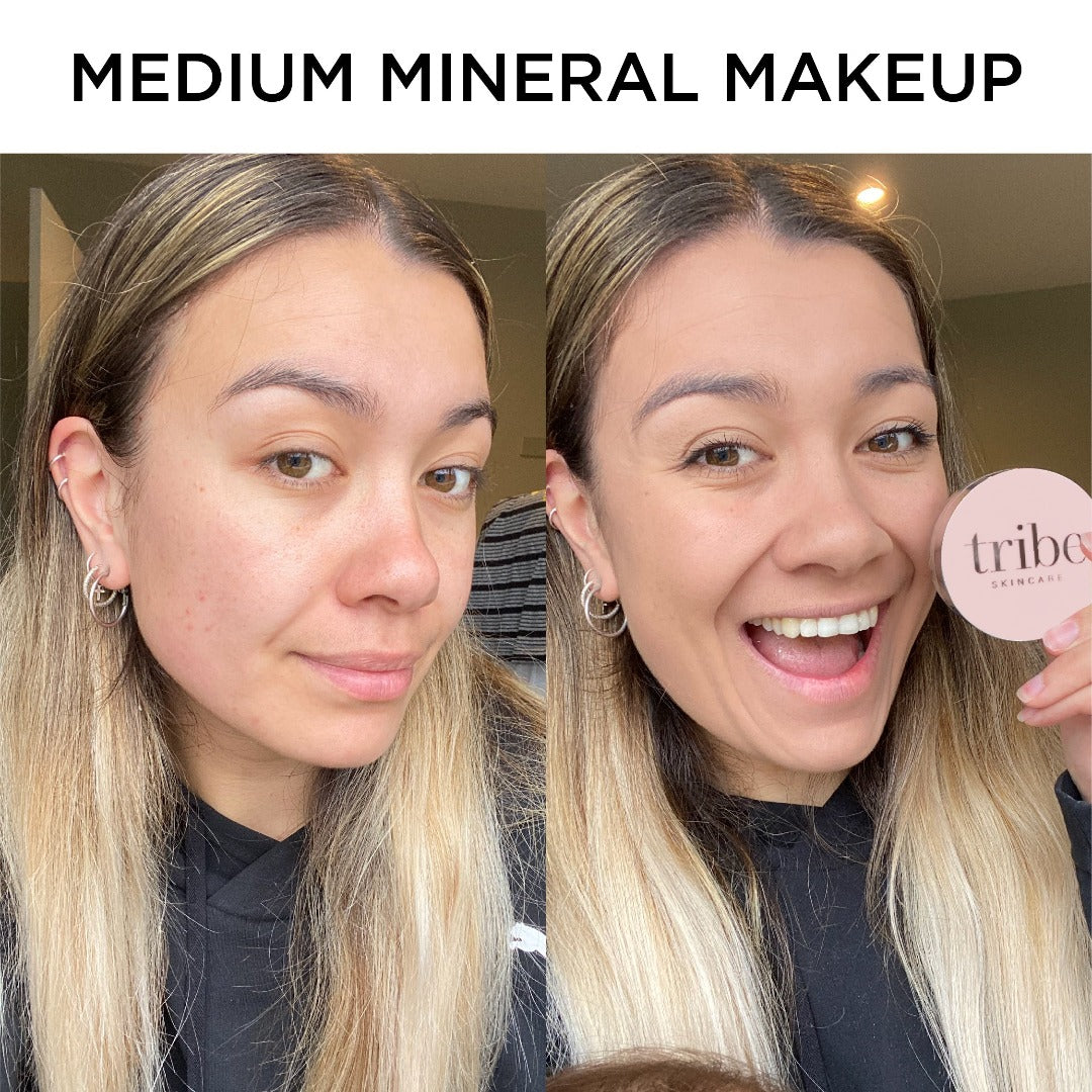 Woman's Before and After photos wearing Tribe Mineral Makeup Powder MEDIUM on, showcased on Spa Circle Brands' product listing.