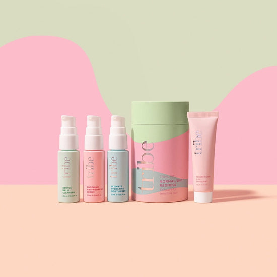 Tribe Trial/Travel Kit in NORMAL/DRY/REDNESS variants elegantly arranged on a pastel background, showcased on Spa Circle Brands' product listing