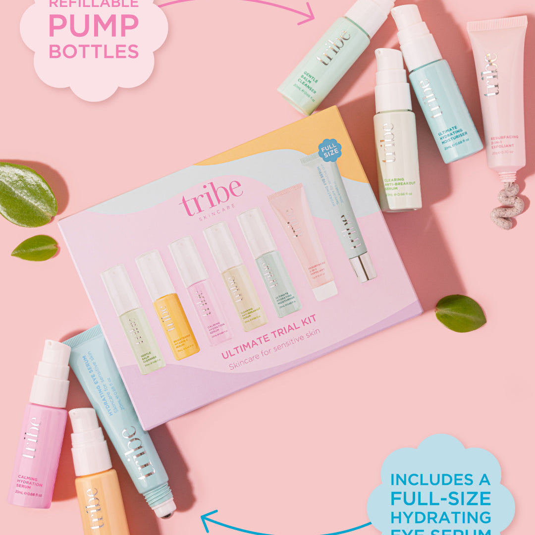 "Limited Edition: Tribe Ultimate Trial Kit RRP $99 showcasing refillable pump bottles. Featured on Spa Circle Brands' product listing.