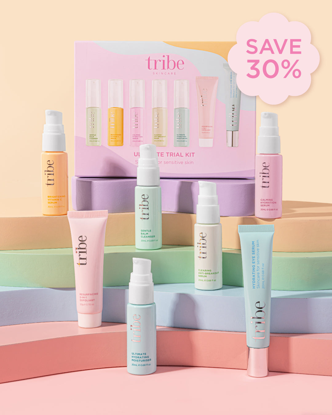 Limited Edition: Tribe Ultimate Trial Kit RRP $99, now $69 (SAVE 30%). Poster featured on Spa Circle Brands' product listing