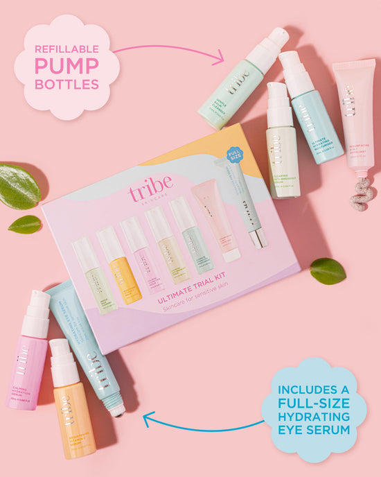 "Limited Edition: Tribe Ultimate Trial Kit RRP $99 showcasing refillable pump bottles. Featured on Spa Circle Brands' product listing.