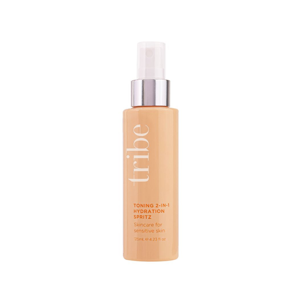 Tribe Toning 2-in-1 Hydration Spritz 125 ml bottle, Skincare for sensitive skin on a white background, showcased on Spa Circle Brands' product listing.