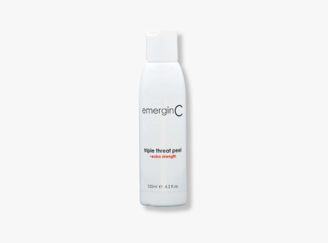 A 125ml trade-size bottle of EmerginC Triple Threat Peel Extra Strength on a white background, uploaded on Spa Circle Brands product listing page.